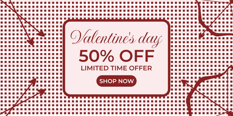 Valentine’s Day 50% off sale banner in retro style with cupid’s bow and arrows