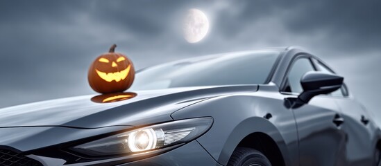 Halloween pumpkin on car hood under full moon.
