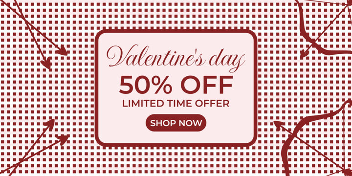 Valentine&rsquo;s Day 50% off sale banner in retro style with cupid&rsquo;s bow and arrows
