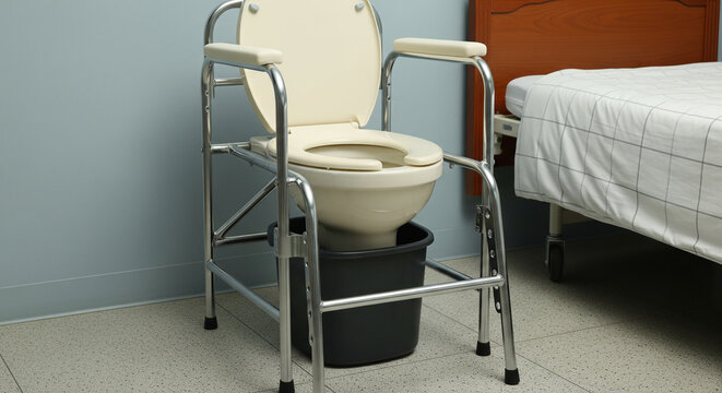Medical commode chair with bucket placed next to a hospital bed in a room