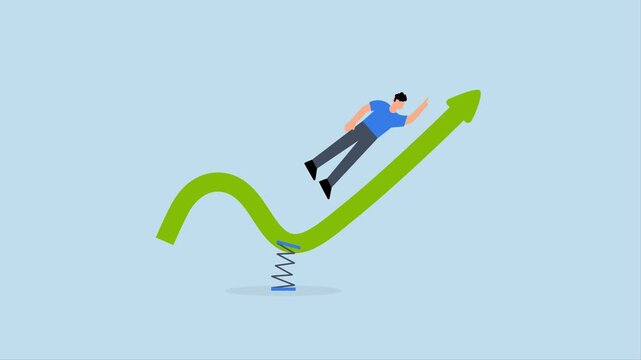 Stock market rebound,&nbsp;4k animation of businessman jumping high on trampoline with green rising performance arrow chart
