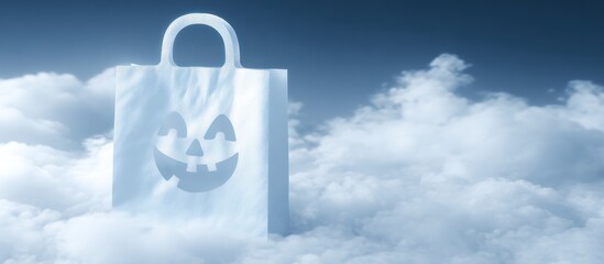 Halloween shopping bag floating in clouds.