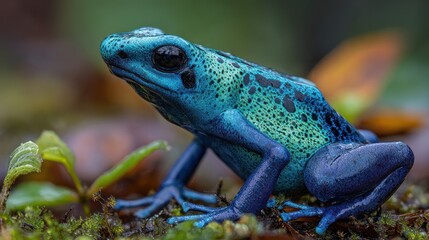 Fototapeta premium Close-up of a vibrant blue and green poison dart frog, perched on mossy ground