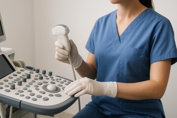 Medical professional using ultrasound machine in clinical setting wearing gloves and scrubs for patient diagnostic healthcare concept image. Ai generative