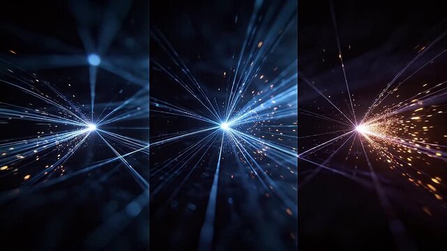 Radiant light particles with rays on black background