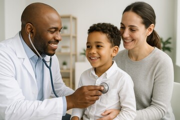 Smiling doctor using stethoscope to examine happy child during checkup with supportive mother beside in bright modern healthcare clinic interior. Ai generative