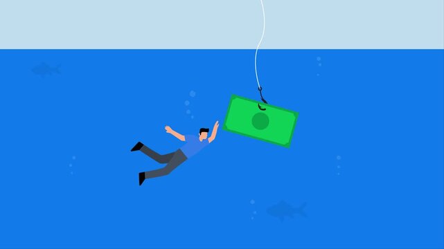 money trap, 4k animation of businessman dives into the business seas, baiting his hook with a dollar notes