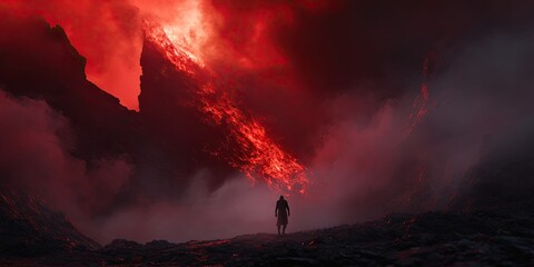 A silhouette of a person standing in front of a dramatic sky filled with fiery red clouds