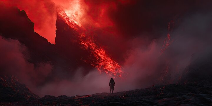 A silhouette of a person standing in front of a dramatic sky filled with fiery red clouds