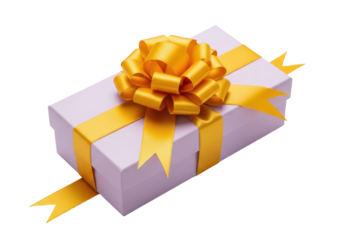 Gift Box with Bow and Ribbon: A beautifully wrapped gift box, adorned with a vibrant yellow bow and matching ribbon, symbolizes thoughtfulness and celebration.