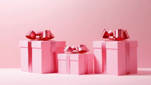 Pink gift boxes with red ribbon and bows, suitable for any occasion. A collection of stocking stuffers or birthday gifts.