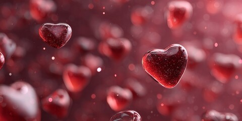 Fototapeta premium Abstract floating red glass hearts background with soft focus, subtle technological details, monochromatic red theme, rough frosted texture, cinematic lighting, elegant clean 3D render for design