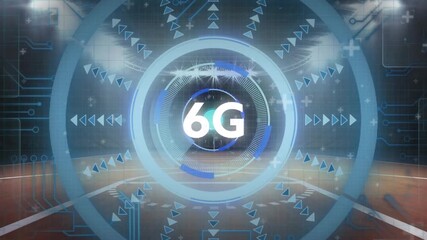 Animation of data processing and 6g text over sports stadium