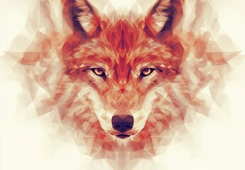 A geometric digital illustration of a fox's face composed of red and dark red triangular shapes, creating a striking and intense visual effect