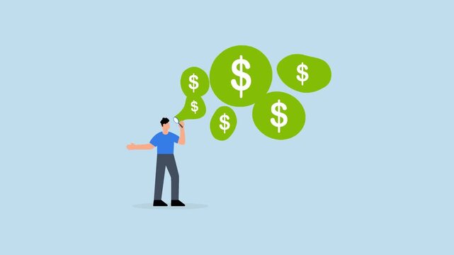Stock market bubble, 4k animation of greedy businessman investors blow bubbles with dollar sign money into the air