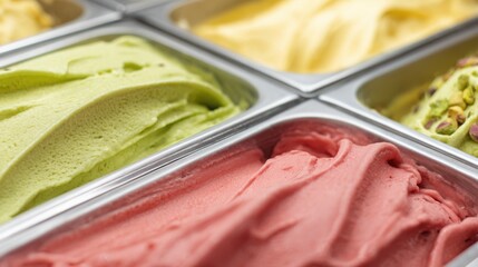 Close up of colorful Italian gelato in metal trays, creamy texture, pistachio strawberry lemon flavors, soft daylight, modern dessert presentation