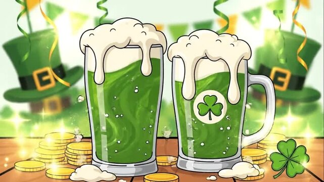 St Patricks Day Cartoon Animation Green Beer Shamrocks Gold Coins