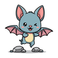 Cute blue bat with pink ears and wings standing on rocks cartoon