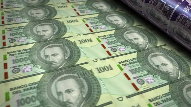 Paraguay guarani Paraguayan money banknotes printing roll machine loop. Paper 100000 PYG bank note print 3d looping seamless. Abstract concept of banking, finance, economy and crisis.