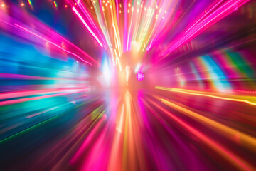 Colorful Moving Lights exploding in radial pattern with neon streaks and glowing motion blur in a vibrant abstract background