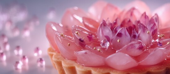 Close up of flower shaped tart with translucent pink glaze, edible petals embedded inside, jewel like dessert styling, soft diffused light, premium