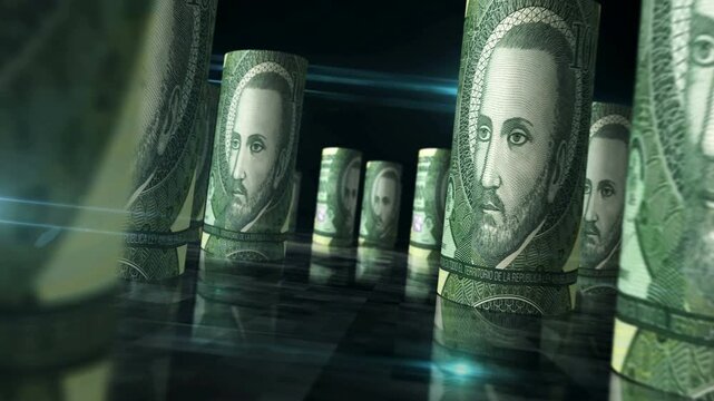 Paraguay guarani Paraguayan money rolls loop 3d. Money on table. Seamless and loopable abstract concept of economy, finance and business. Camera between 100000 PYG rolled banknotes.
