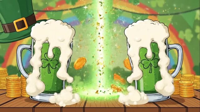 St Patricks Day Green Beer Mugs Leprechaun Hats Gold Coins Animation