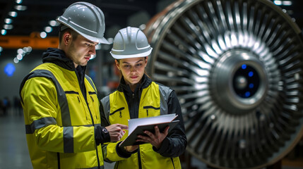 A man and a woman in hard hats and safety vests looking at a tablet