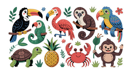 Naklejka premium Tropical Animal Paradise: A vibrant array of tropical animals and plants come alive in a lively, fun, and colorful illustration, bringing the essence of the tropics.