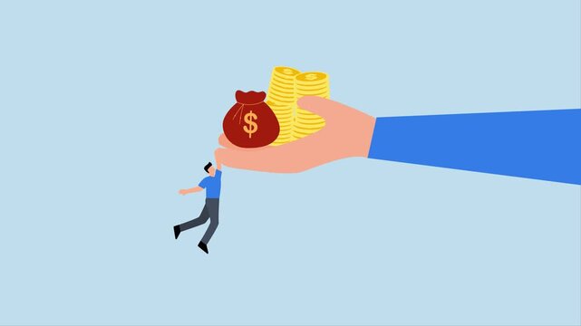 High risk high return, 4k animation of finance manager financial backer holding large hand tight with cash coins