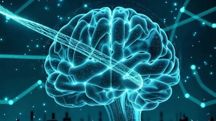 Futuristic artificial intelligence concept featuring a glowing digital human brain with flowing neural connections and dynamic data streams. High-tech visualization representing machine learning, big - Powered by Adobe