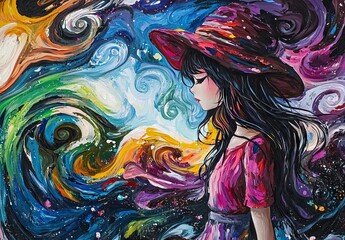 A digital illustration of a woman wearing a red hat, surrounded by swirling, colorful cosmic patterns, creating a mystical and vibrant visual effect