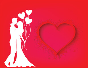 Romantic White Silhouette Couple with Heart Balloons on Red Background Greeting Card Template