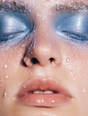 Close-up of a woman's face with glistening water droplets and metallic blue eyeshadow for a fresh beauty look.