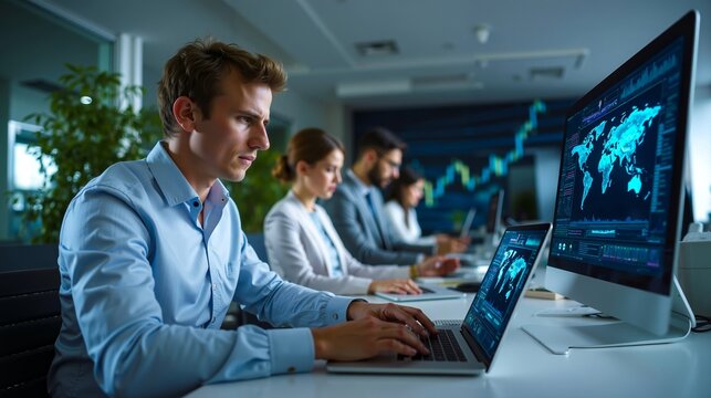 A group of people sitting at a desk working on laptops in an office - Powered by Adobe