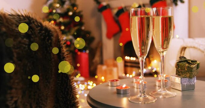 Abstract vector illustration of champagne glasses and gifts on table in living room