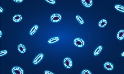 Seamless pattern for Casino or poker. Neon poker chips on dark background. Vector illustration.