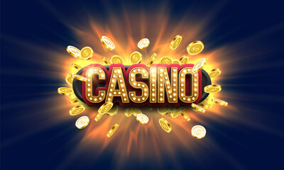Casino logo with golden coins on a bright glowing background. Vector illustration.