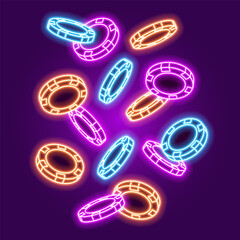 Neon poker chips on dark background. Bright glowing chips for casino and poker. Vector illustration.