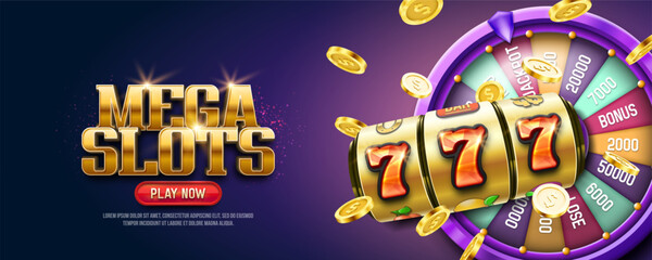 Mega Slots. Casino banner or poster with slot machine and golden coins on a bright background. Vector illustration.