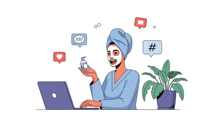 Woman with a towel on her head and a face mask using a laptop for an online beauty tutorial or video blog at home.