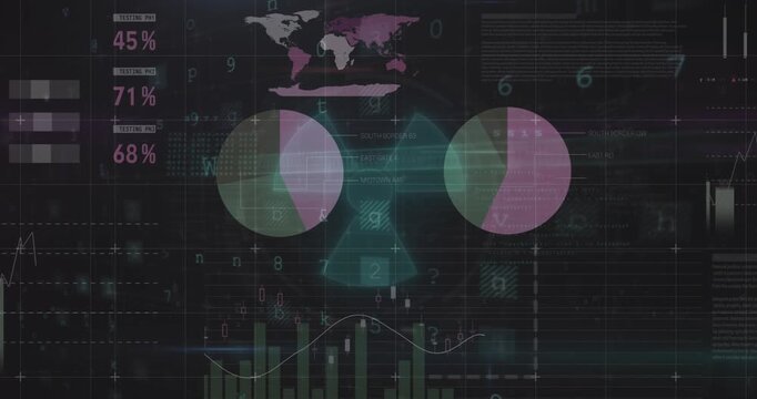 Animation of radioactive icon over cyber security and statistical data processing