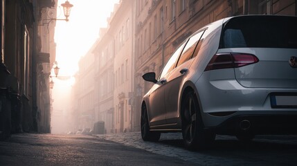 compact diesel hatchback parked on narrow european street, early morning fog, soft light, calm urban mood, realistic photo