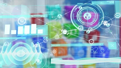 Animation of network of digital icons over interface with data processing and digital icons - Powered by Adobe