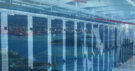 Animation of financial data processing and server room over cityscape - Powered by Adobe