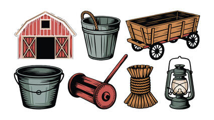 Farm Tool Collection: A collection of various farm tools and equipment, essential for agricultural tasks, showcasing the rustic charm and functionality of traditional farming practices.