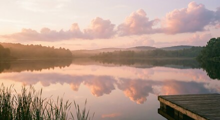 Pastel Cotton Candy Sunset Clouds Calm Lake Reflection