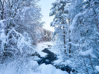 Small dark river flowing through a deep snowy forest, frozen winter stream surrounded by trees covered in heavy white hoarfrost