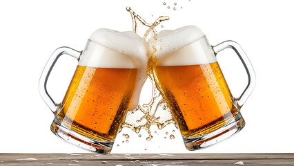 Two beer mugs clinking together with splashing beer