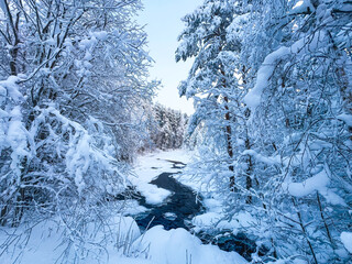 Small dark river flowing through a deep snowy forest, frozen winter stream surrounded by trees covered in heavy white hoarfrost